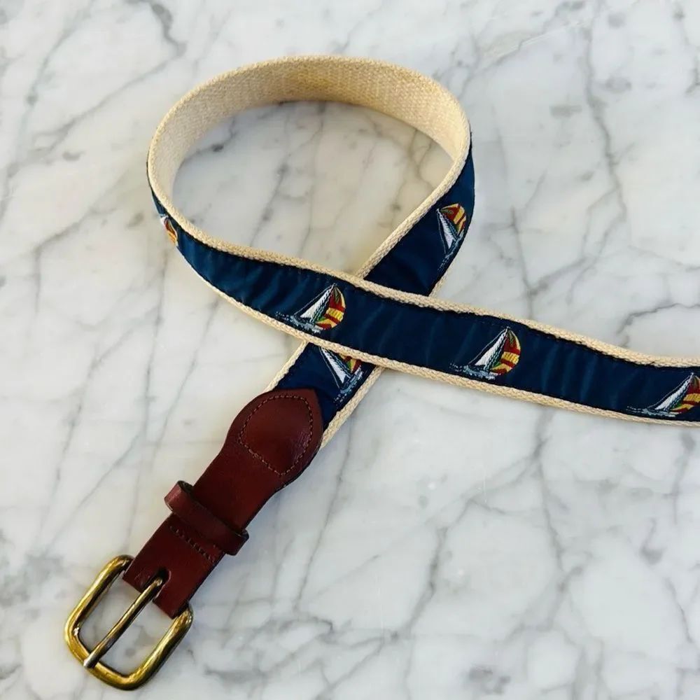 Vintage Webbed Canvas Belt Brass Buckle Sailboats Nautical Youth 36” length